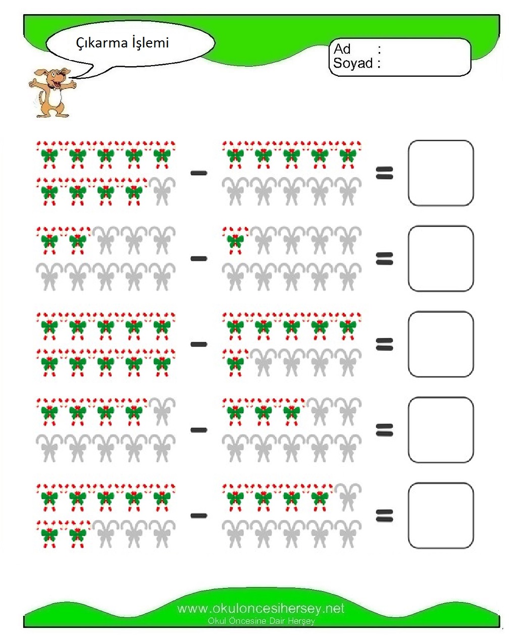 okul öncesi çocuklar için Çıkarma İşlemi çalışma sayfaları